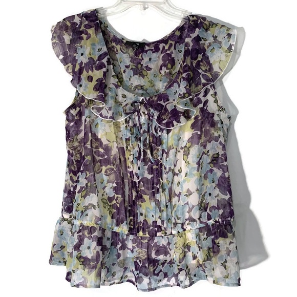☘️5 for $25☘️ AGB Floral Print Purple Blue Sheer Sleeveless Blouse Size … - Picture 1 of 10